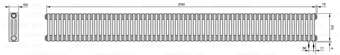Схема (чертеж) Радиатор Zehnder Charleston 3037/60 №5510 Белый глянцевый RAL 9016